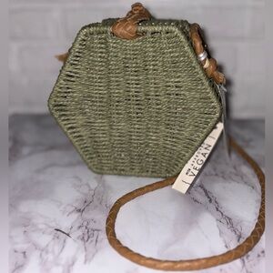 Mali + Lili Green Rattan Wicker Crossbody Bag Floral Lining Hexagon Shape